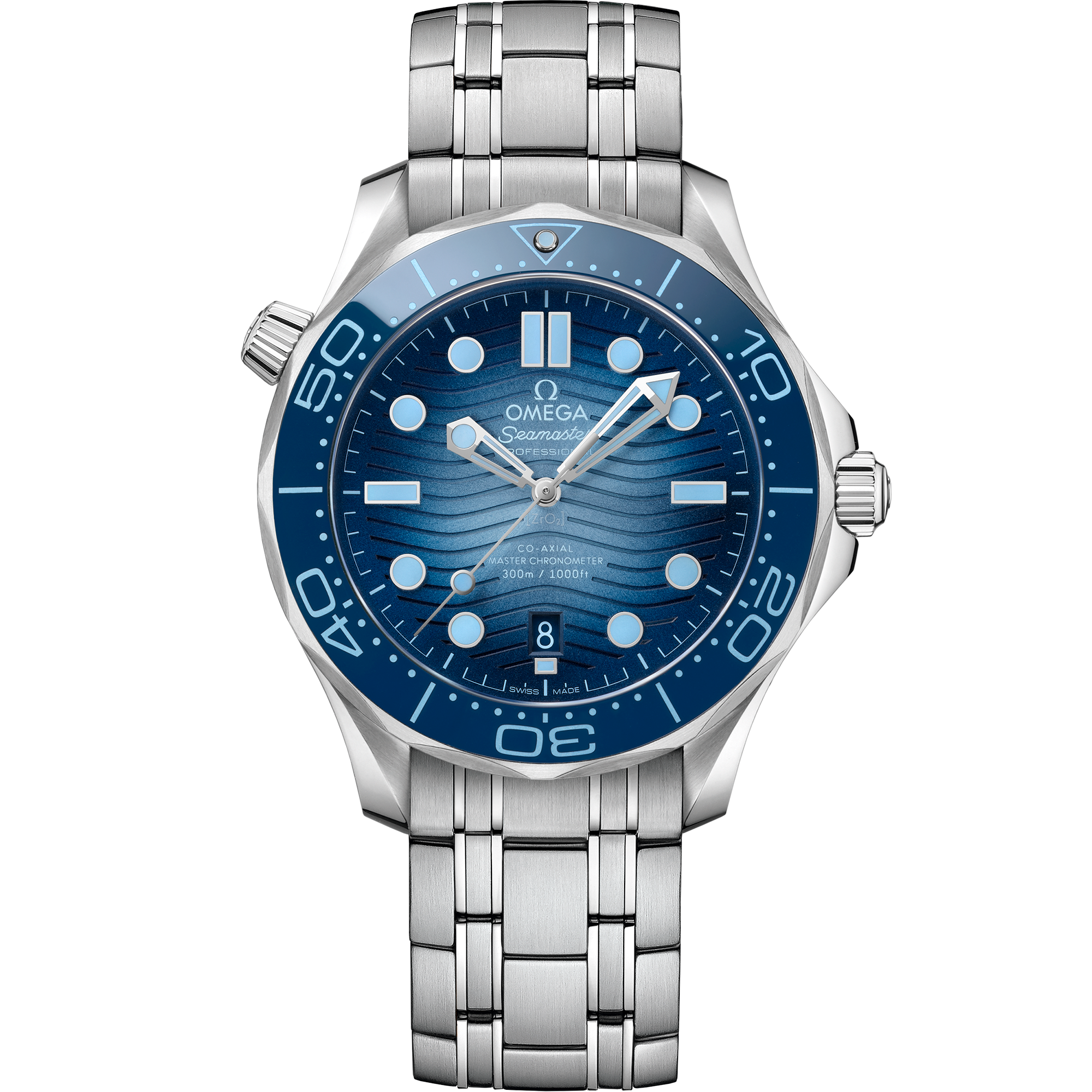 腕表的表壳采用精钢表壳材质打造，搭配蓝色表盘和精钢表链 bracelet - 海马系列 300米潜水表 42毫米, 精钢表壳 搭配 精钢表链 - 210.30.42.20.03.003